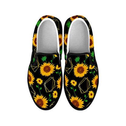 Sunflower Polygonal Pattern Print Black Slip On Sneakers
