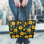 Sunflower Polygonal Pattern Print Leather Tote Bag