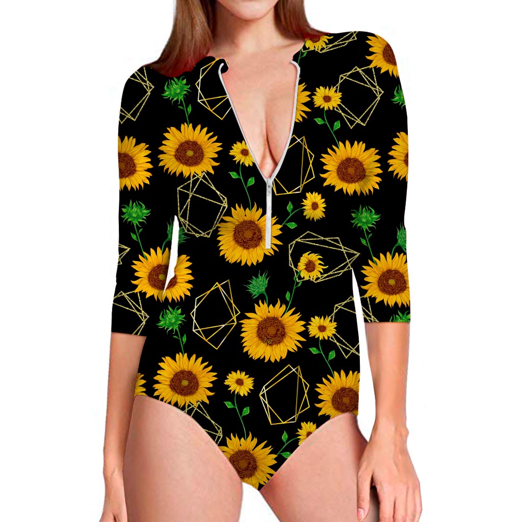 Sunflower Polygonal Pattern Print Long Sleeve Swimsuit