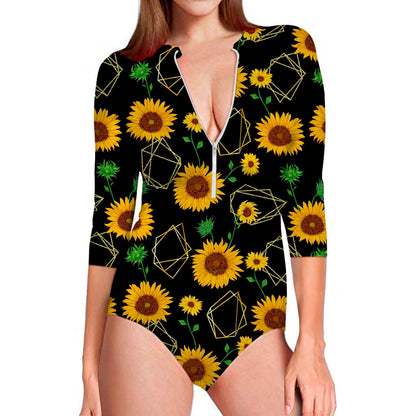 Sunflower Polygonal Pattern Print Long Sleeve Swimsuit