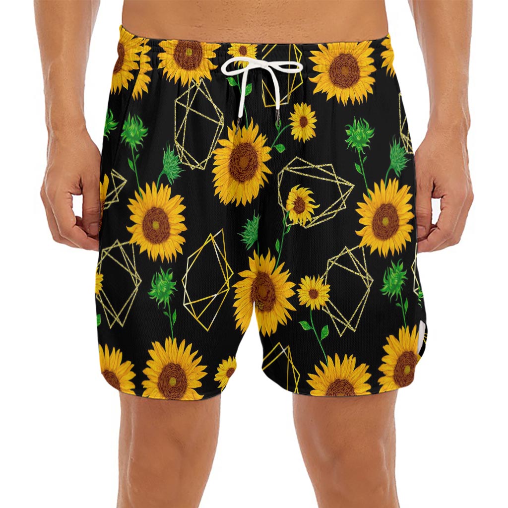 Sunflower Polygonal Pattern Print Men's Split Running Shorts