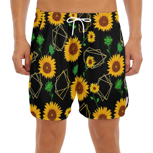 Sunflower Polygonal Pattern Print Men's Split Running Shorts