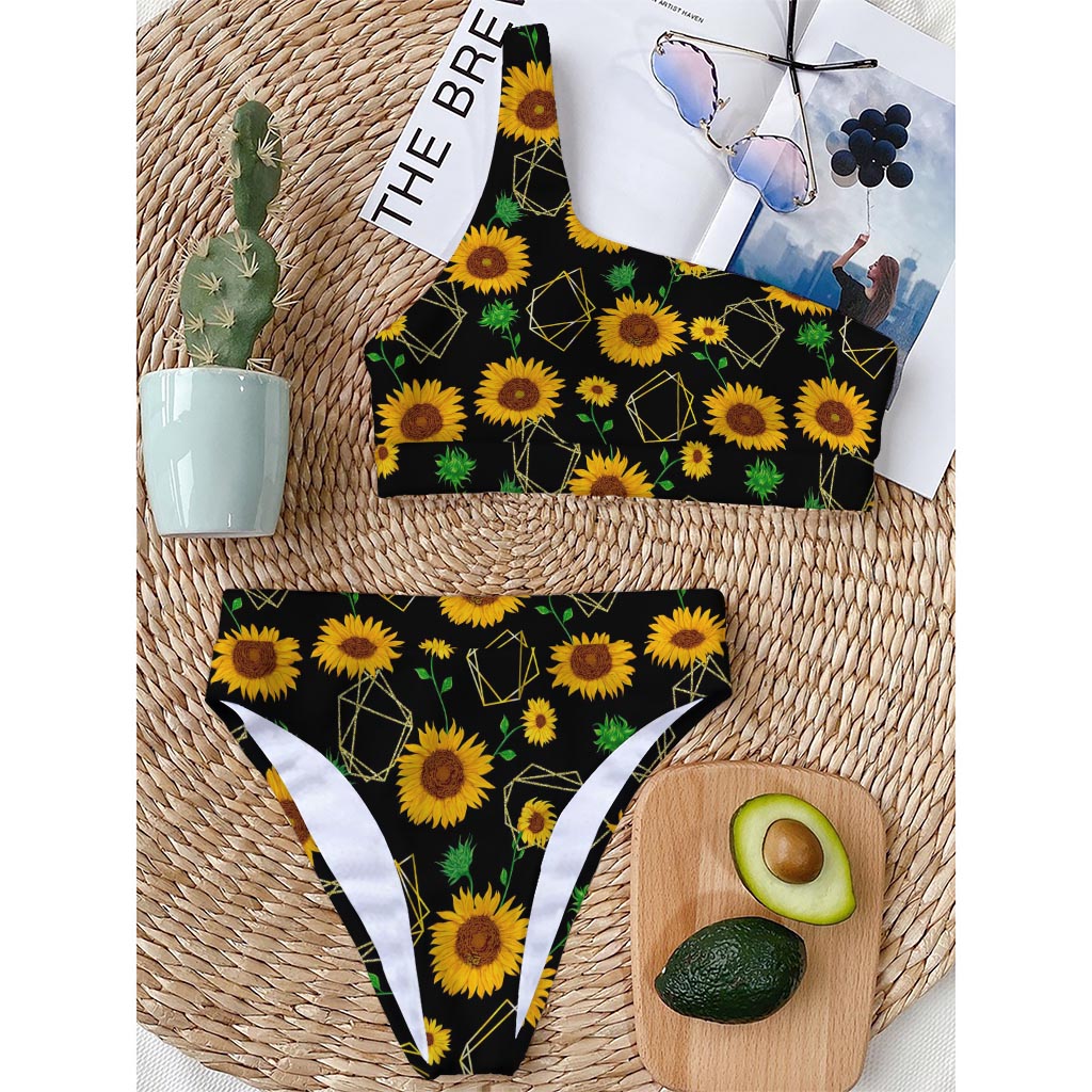 Sunflower Polygonal Pattern Print One Shoulder Bikini Top