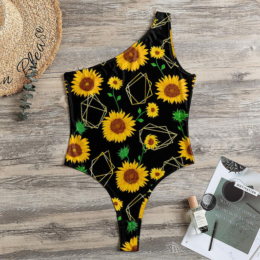 Sunflower Polygonal Pattern Print One Shoulder Bodysuit