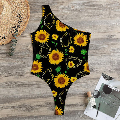 Sunflower Polygonal Pattern Print One Shoulder Bodysuit