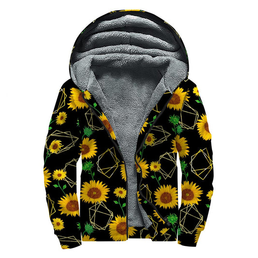 Sunflower Polygonal Pattern Print Sherpa Lined Zip Up Hoodie