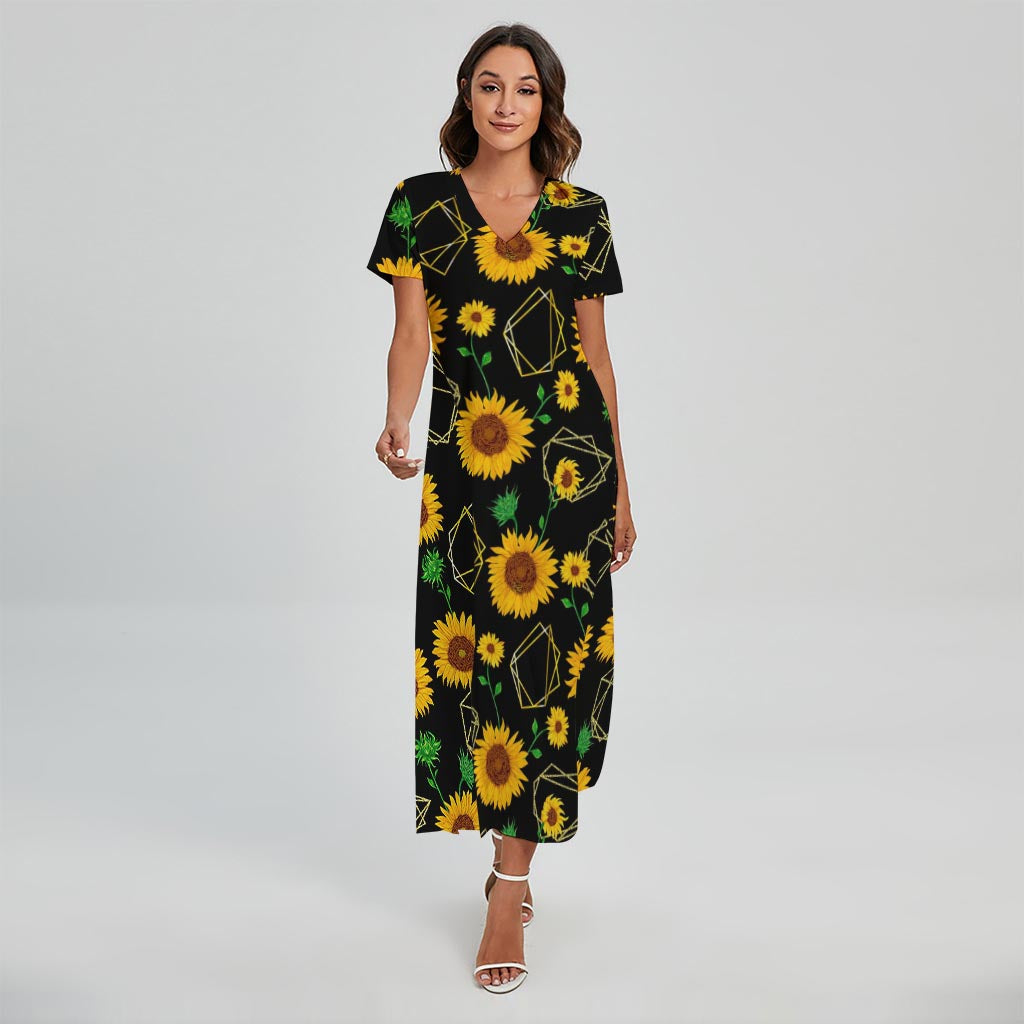 Sunflower Polygonal Pattern Print Short Sleeve Maxi Dress