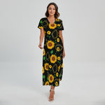 Sunflower Polygonal Pattern Print Short Sleeve Maxi Dress