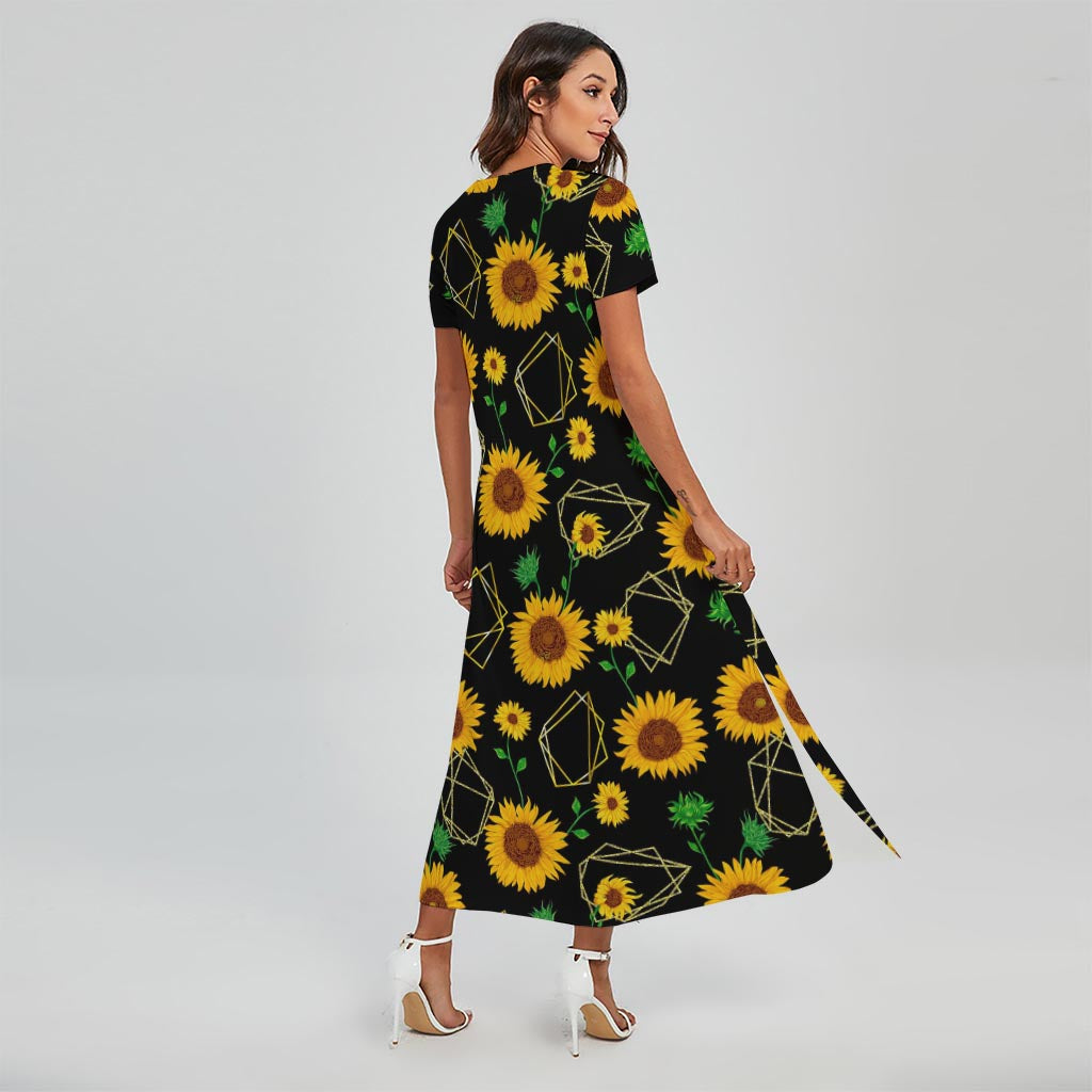 Sunflower Polygonal Pattern Print Short Sleeve Maxi Dress