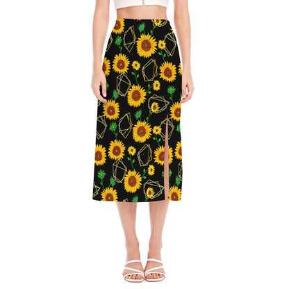 Sunflower Polygonal Pattern Print Side Slit Midi Skirt