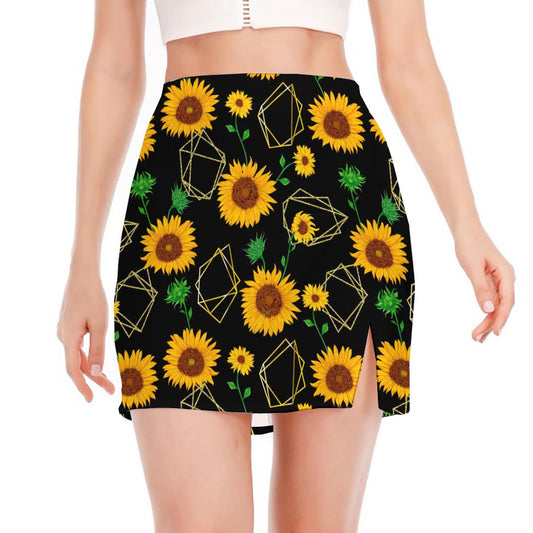 Sunflower Polygonal Pattern Print Side Slit Mini Skirt