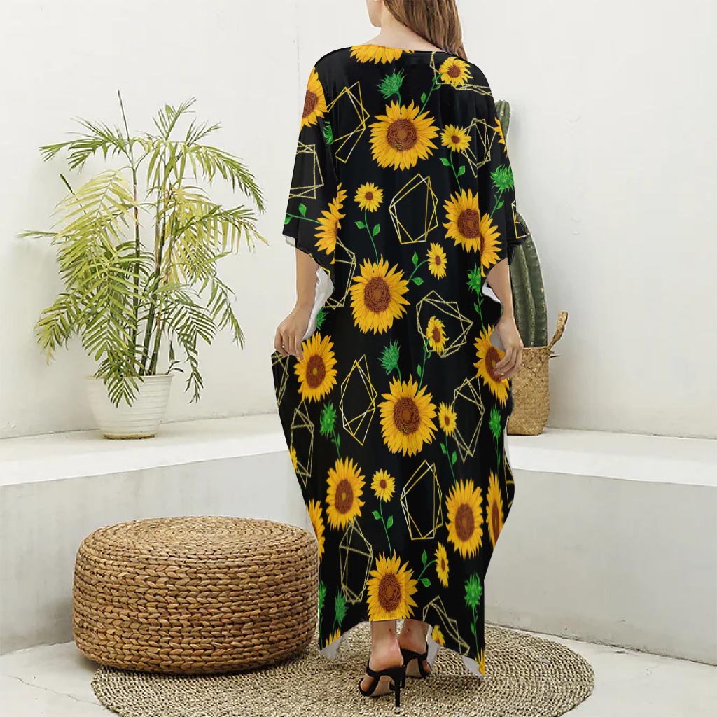 Sunflower Polygonal Pattern Print Silk V-Neck Kaftan Dress