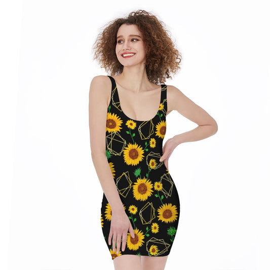 Sunflower Polygonal Pattern Print Sleeveless Bodycon Dress