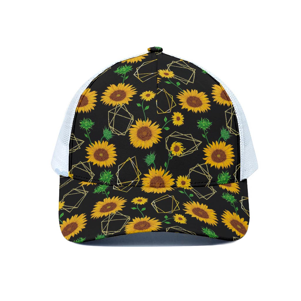 Sunflower Polygonal Pattern Print White Mesh Trucker Cap