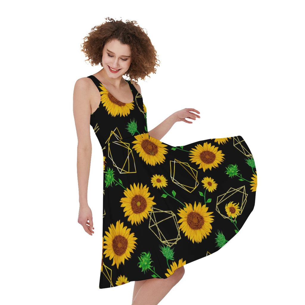 Sunflower Polygonal Pattern Print Women's Sleeveless Dress