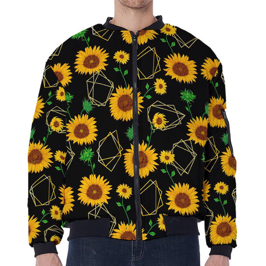 Sunflower Polygonal Pattern Print Zip Sleeve Bomber Jacket