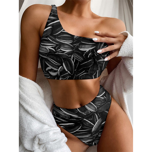 Sunflower Seeds Print One Shoulder Bikini Top