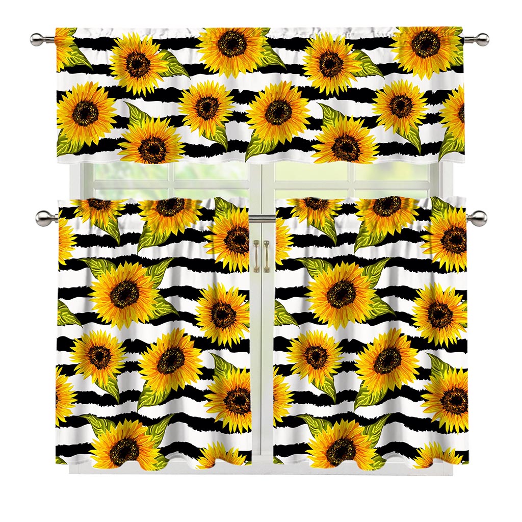Sunflower Striped Pattern Print 3 Piece Kitchen Curtains
