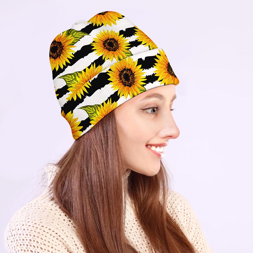 Sunflower Striped Pattern Print Beanie