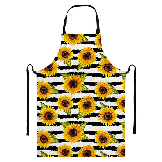 Sunflower Striped Pattern Print Bib Apron With Pocket