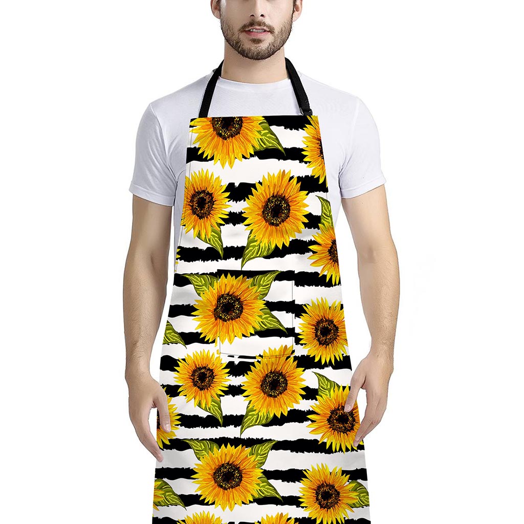 Sunflower Striped Pattern Print Bib Apron With Pocket