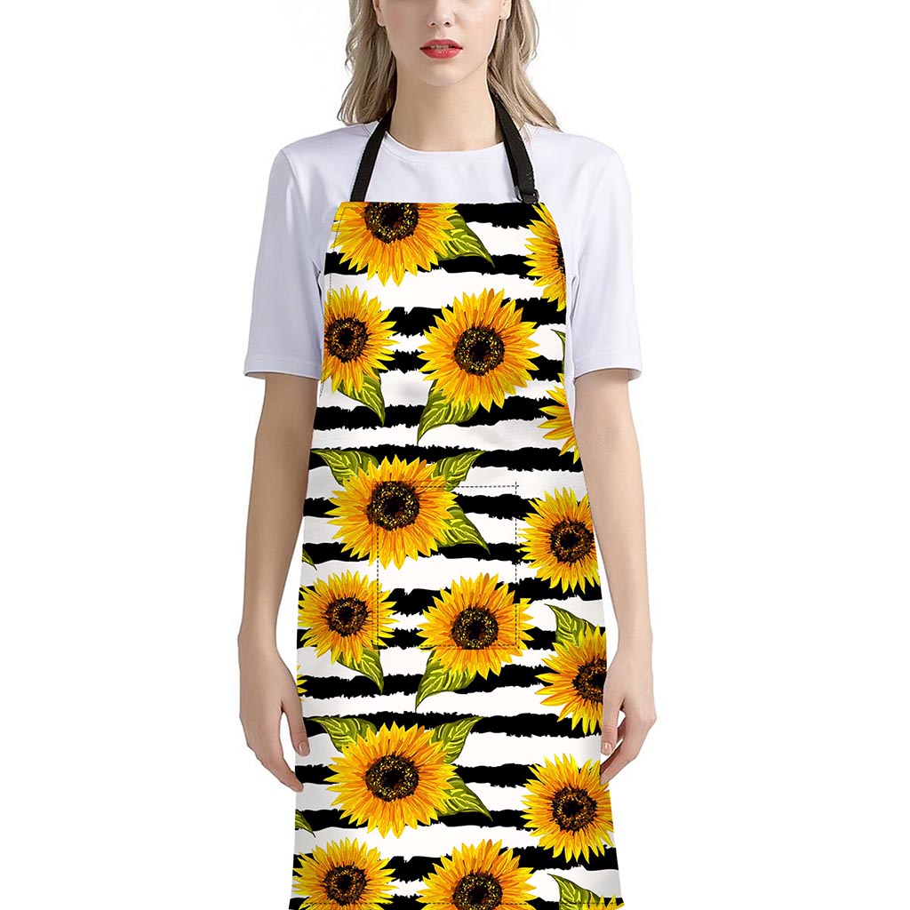 Sunflower Striped Pattern Print Bib Apron With Pocket