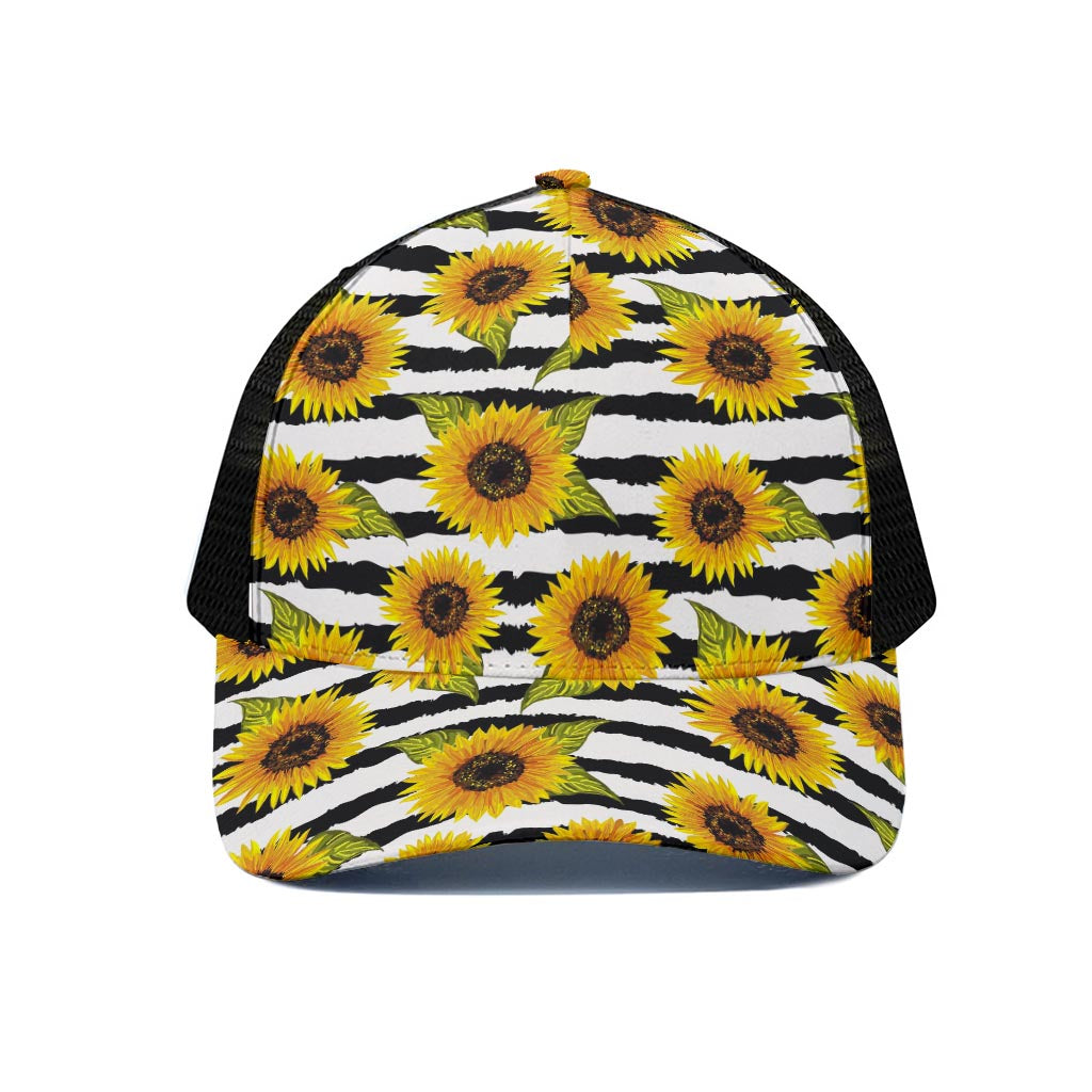 Sunflower Striped Pattern Print Black Mesh Trucker Cap