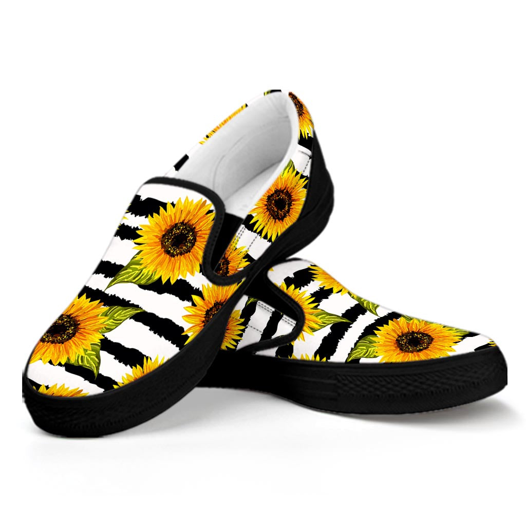 Sunflower Striped Pattern Print Black Slip On Sneakers
