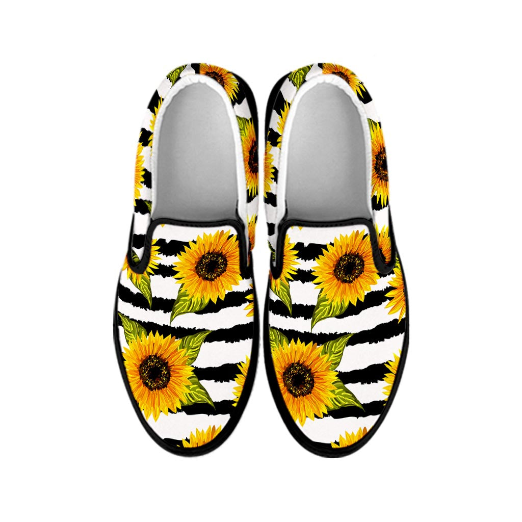 Sunflower Striped Pattern Print Black Slip On Sneakers