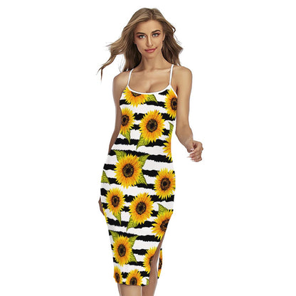 Sunflower Striped Pattern Print Cross Back Cami Dress