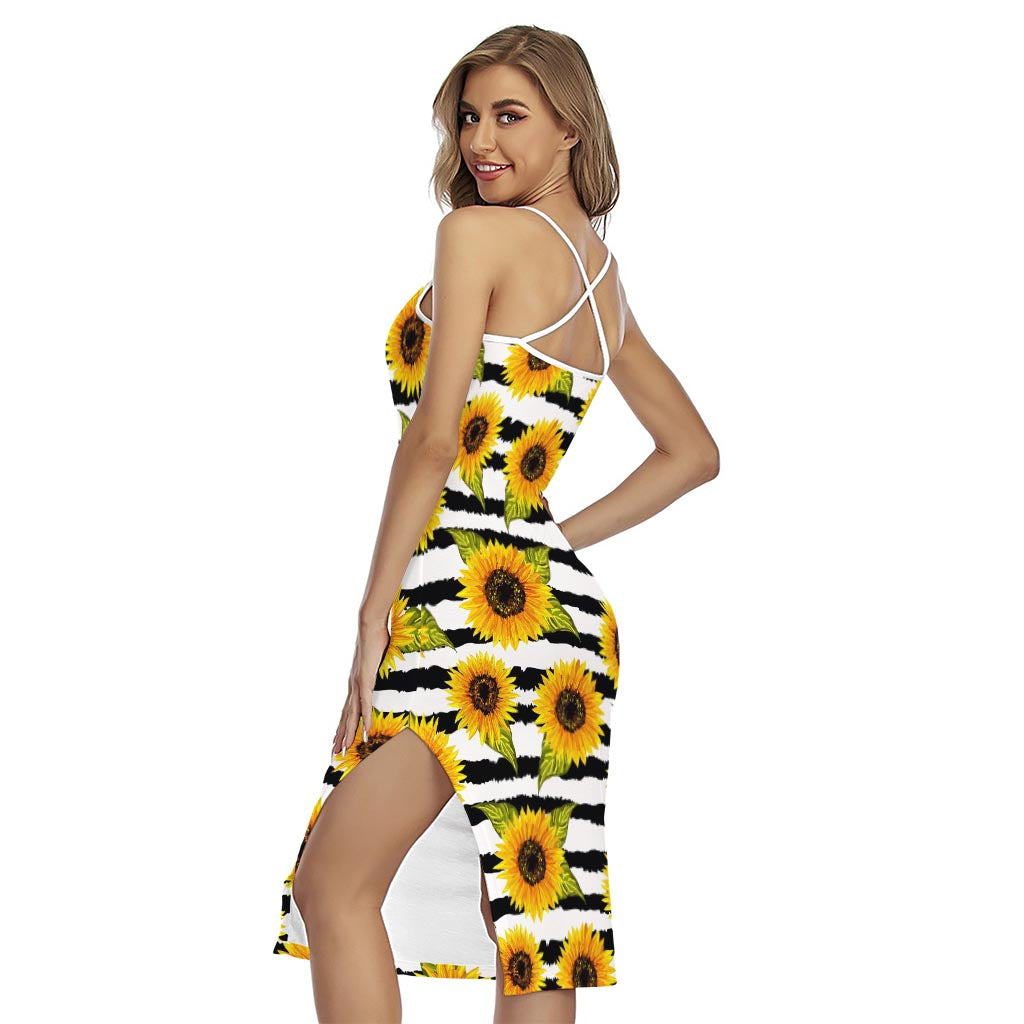 Sunflower Striped Pattern Print Cross Back Cami Dress