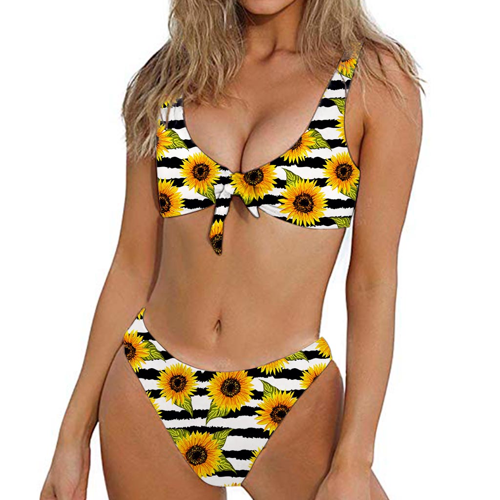 Sunflower Striped Pattern Print Front Bow Tie Bikini
