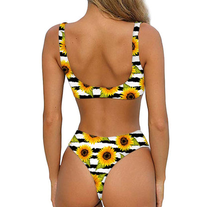 Sunflower Striped Pattern Print Front Bow Tie Bikini