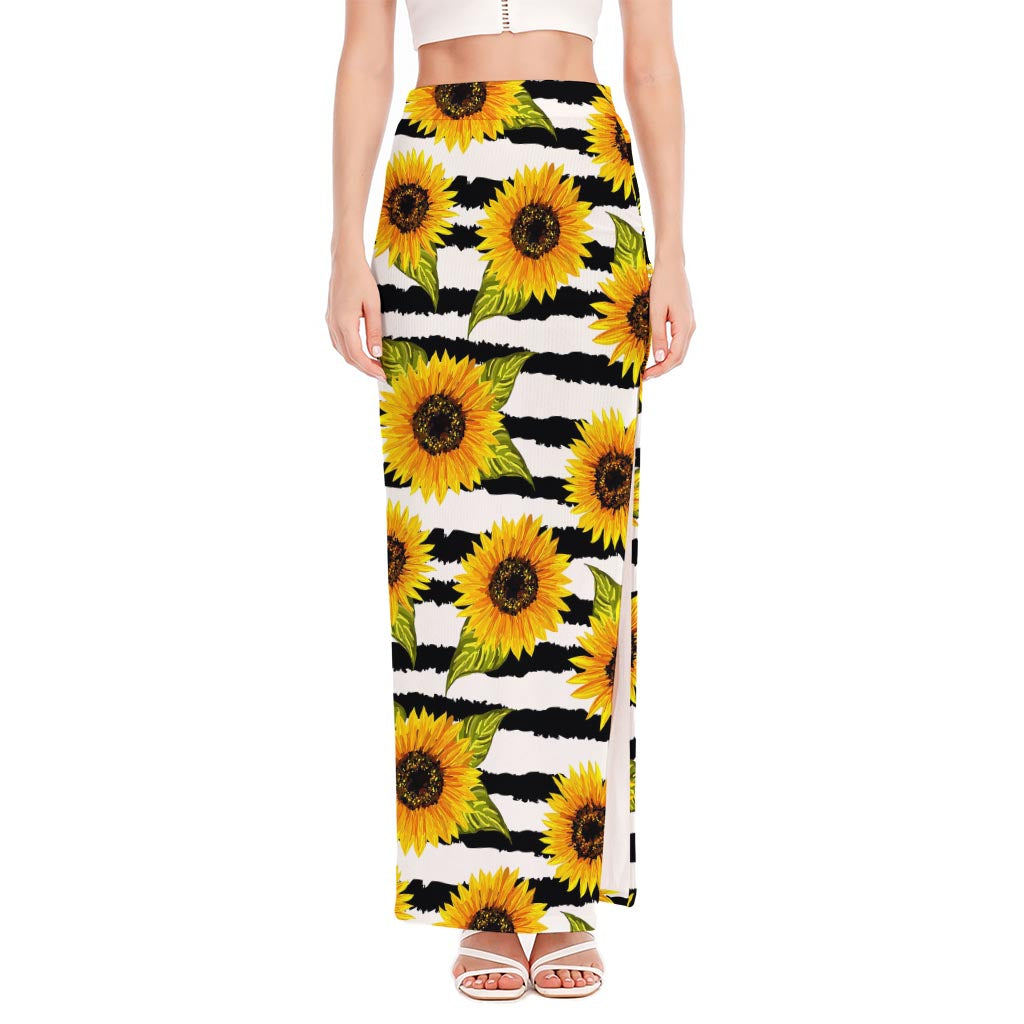 Sunflower Striped Pattern Print High Slit Maxi Skirt