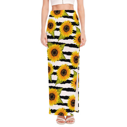 Sunflower Striped Pattern Print High Slit Maxi Skirt