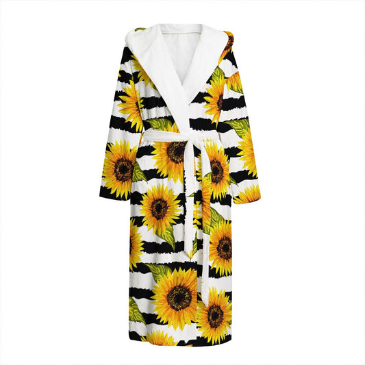 Sunflower Striped Pattern Print Hooded Bathrobe