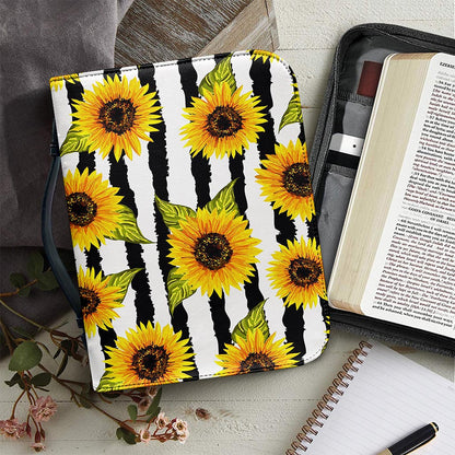 Sunflower Striped Pattern Print Leather Bible Cover