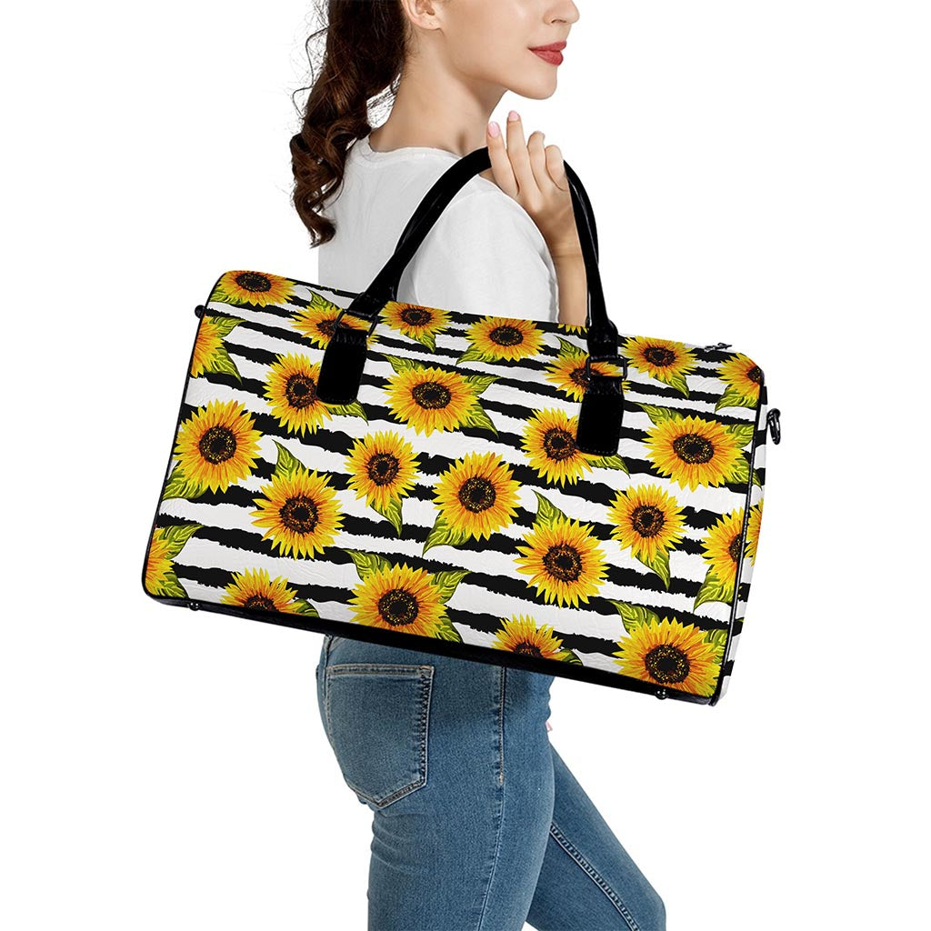 Sunflower Striped Pattern Print Leather Duffle Bag