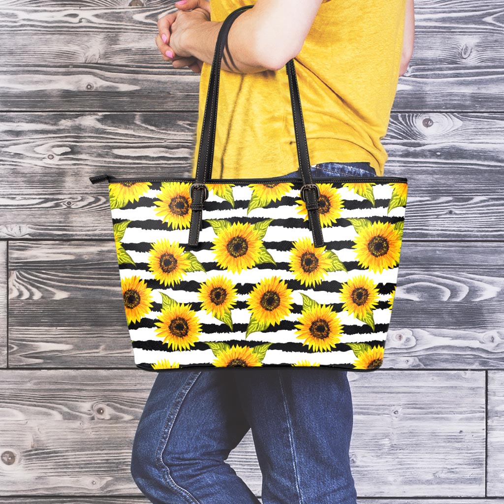 Sunflower Striped Pattern Print Leather Tote Bag