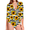 Sunflower Striped Pattern Print Long Sleeve Swimsuit
