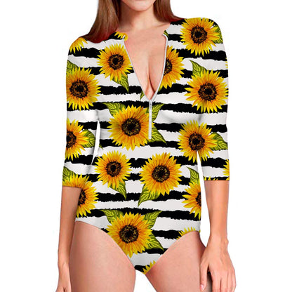Sunflower Striped Pattern Print Long Sleeve Swimsuit