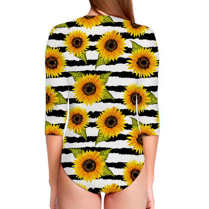 Sunflower Striped Pattern Print Long Sleeve Swimsuit