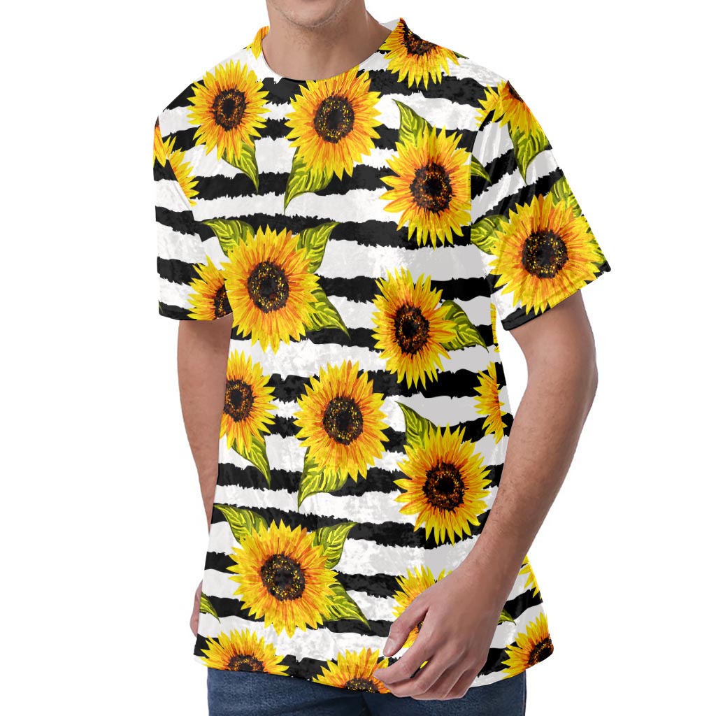 Sunflower Striped Pattern Print Men's Velvet T-Shirt