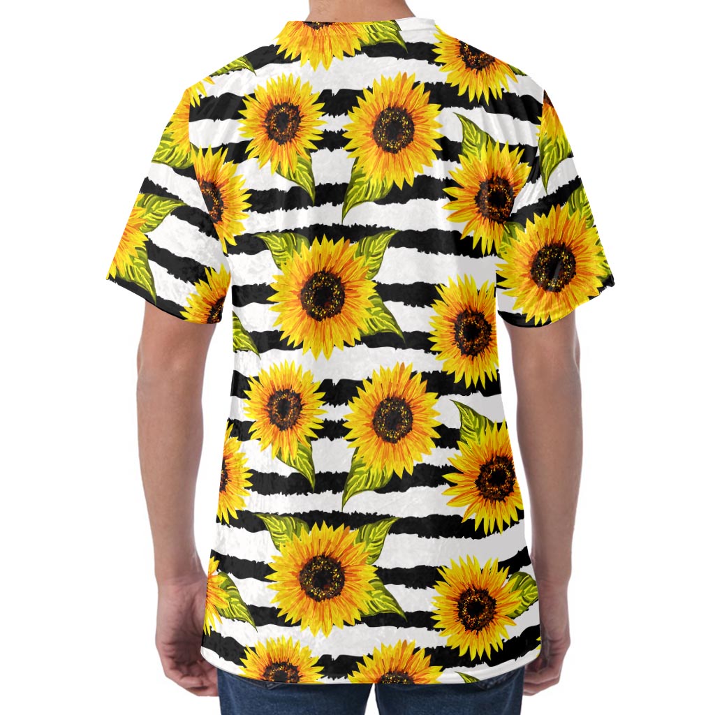 Sunflower Striped Pattern Print Men's Velvet T-Shirt