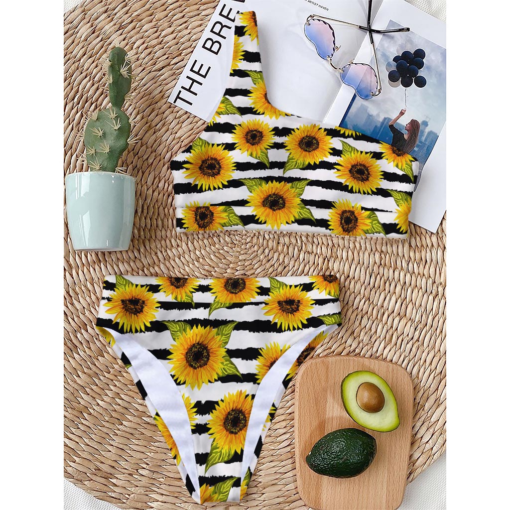Sunflower Striped Pattern Print One Shoulder Bikini Top