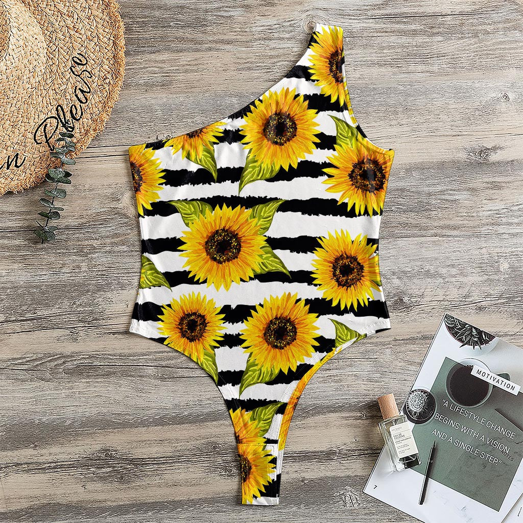 Sunflower Striped Pattern Print One Shoulder Bodysuit