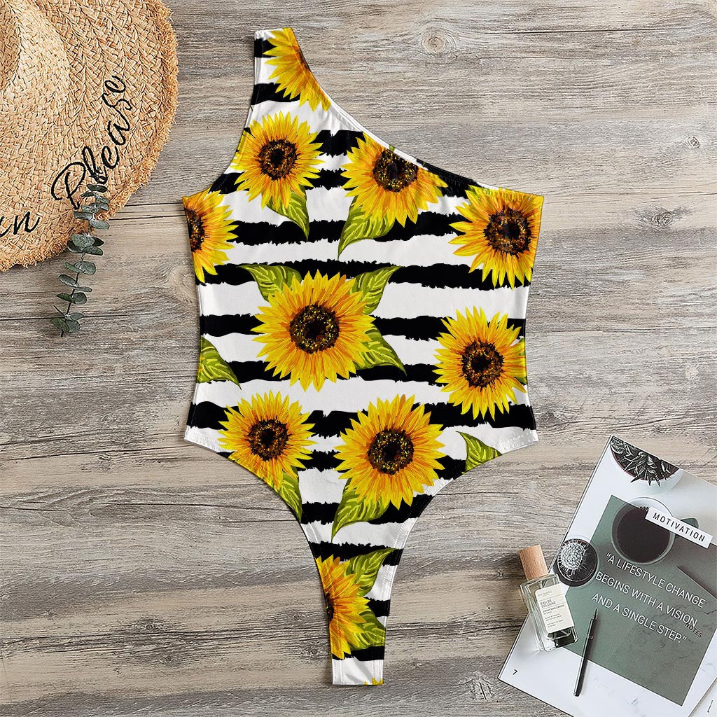 Sunflower Striped Pattern Print One Shoulder Bodysuit