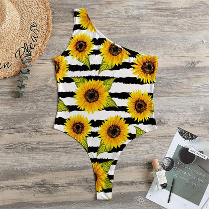 Sunflower Striped Pattern Print One Shoulder Bodysuit