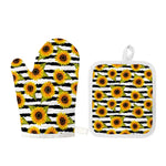 Sunflower Striped Pattern Print Oven Mitt And Pot Holder Set