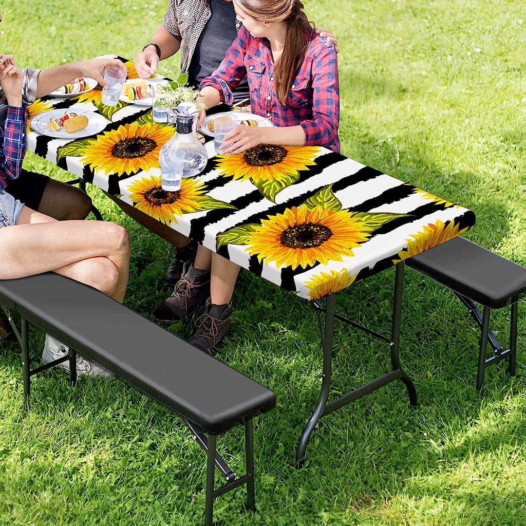 Sunflower Striped Pattern Print Picnic Table Cover